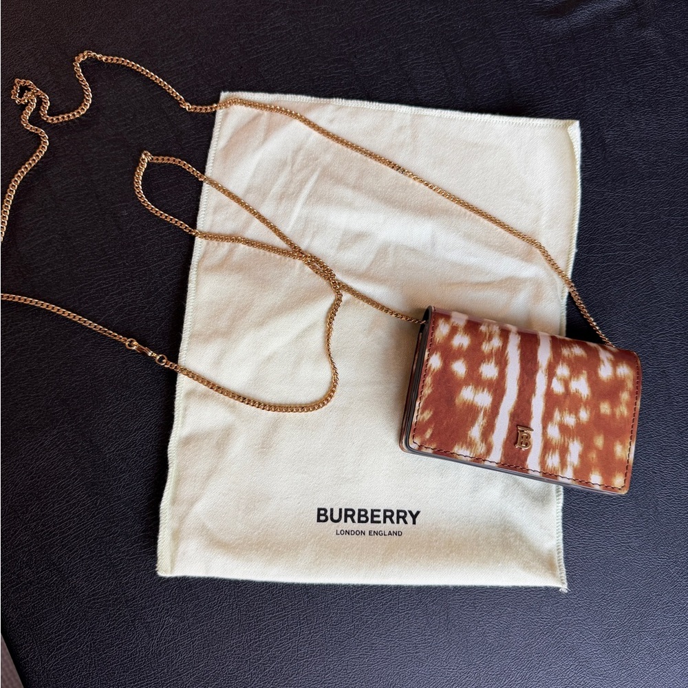 Authentic Burberry “Jessie” wallet on a chain , fawn print , chain card case